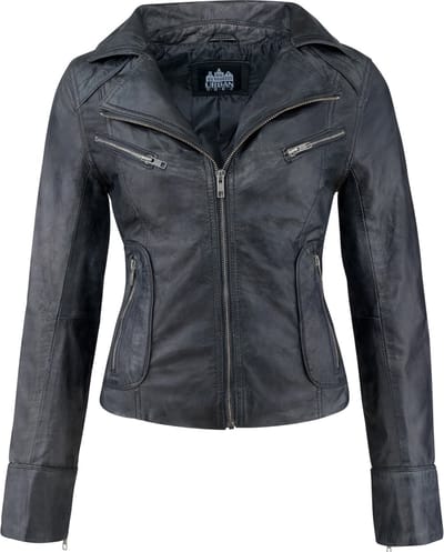 Urban 5884® -  Jacky - Dames Leren Jas -Openstaande Kraag - Lams Leer - Zwart– Biker - Maat S