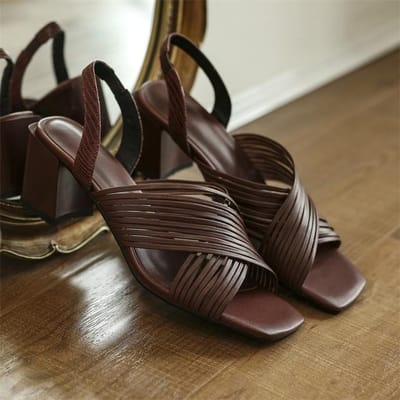 Zomer Damesschoenen Echt Leer Hoge Hak Sandalen Voor Dames Casual Effen Retro Gladiator Dames Hakken 35 bruin