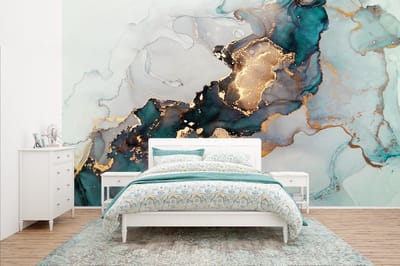 Behang - Fotobehang Blauw - Marmer - Goud - Breedte 435 cm x hoogte 260 cm
