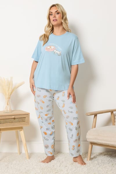 Yours Blauwe Pyjamaset Met Wijde Pijpen En 'Currently Cat Napping' Met Opschrift Size 40-42