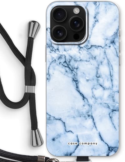 Case Company® - Hoesje met koord geschikt voor iPhone 16 Pro Max hoesje met Koord - Blauw marmer - Telefoonhoesje met Zwart Koord - Bescherming aan alle Kanten en Over de Schermrand