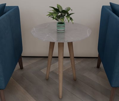 Nesttafel / Bijzettafel | Houten Been| Gehard (onbreekbaar) glas|Grijze marmeren look vlakke tafel|Diameter40cm