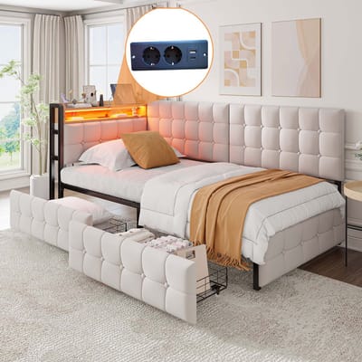 DESMIU Gestoffeerd Bed 90x200cm – Slaapbank Met Ledverlichting En Oplaadpunt – Twee Opberglades Voor Logeerkamer En Studio – Stof En Metaal – Beige – Zonder Matras