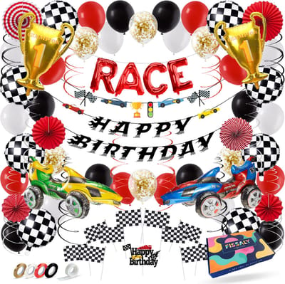 Fissaly 81 Stuks Race Formule 1 Feest Versiering – Kinderfeestje Decoratie – Grand Prix & Racewagen - Themafeest Verjaardag - Feestje