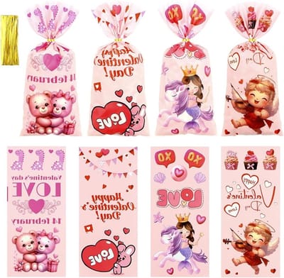 50 stuks Roze Cellofaan Traktatiezakken voor Valentijnsdag - Cupido, Hart en Prinses Thema, Ideaal voor Snoepjes en Koekjes bij Feesten en Bruiloften