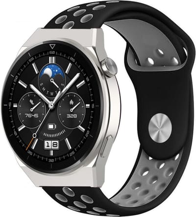 Strap-it Ademend sport siliconen bandje - geschikt voor Huawei Watch GT 1 / GT 2 / GT 3 / GT 3 Pro / GT 4 46mm / GT 5 & 5 Pro (46mm) / GT 2 Pro / GT Runner / Watch 3 (Pro) / Watch 4 (Pro) / Watch Ultimate - zwart/grijs