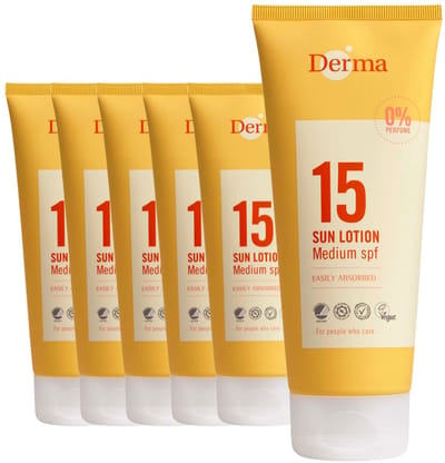 Derma Sun - Zonnebrand SPF15 6 x 200 ml - Waterbestendige Zonnebrand - UVA en UVB Bescherming - Parfumvrij - met Glycerine en Vitamine E - Trekt Snel In