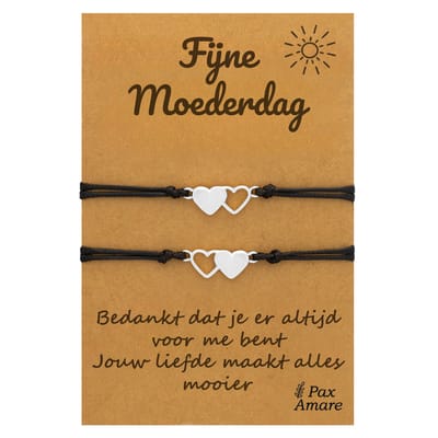 Moeder Dochter Armbandjes voor 2 "Fijne Moederdag" - Hartjes - Moeder Kind Armbandjes met Persoonlijk Cadeau Kaartje voor mama - Zilverkleurig - Elastisch Verstelbaar - Pax Amare