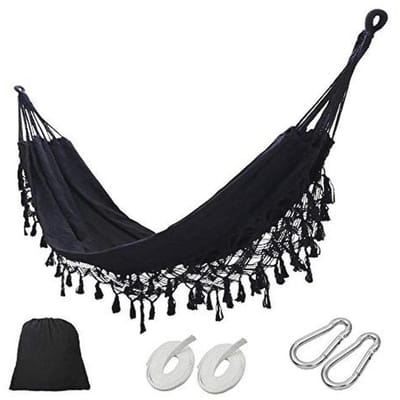Handgemaakte hangmat met franjes voor binnen en buiten - macramé, biologisch katoen, opvouwbaar, ideaal voor camping en terras