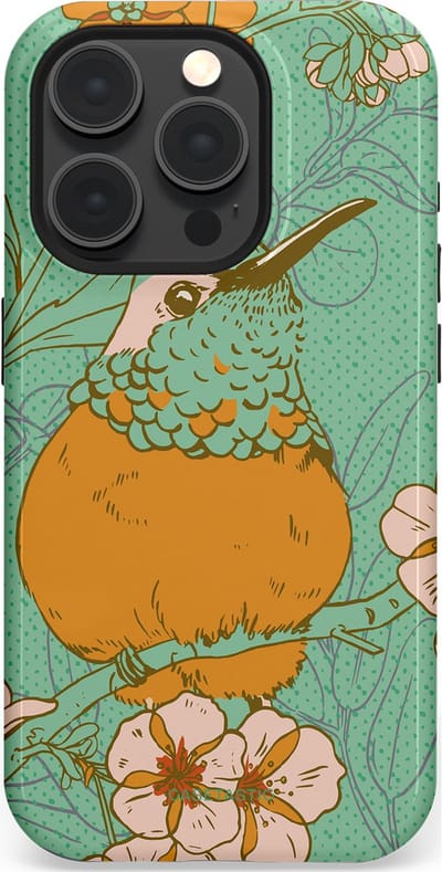 Casetastic hoesje geschikt voor Apple iPhone 15 Pro - MagSafe - Dubbellaagse bescherming - Bloesem Kolibrie - Fashion Case - Mintgroen Okergeel Zand