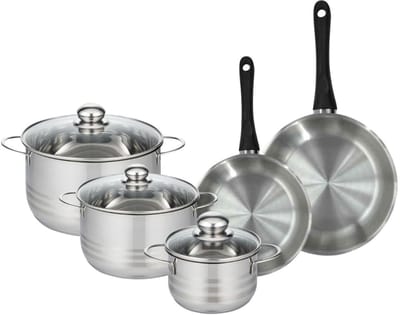 Set van 2 pannen 20 en 24 cm van roestvrij staal en 3 roestvrijstalen kookpotten 16, 20 en 24 cm Fackelmann Geneva
