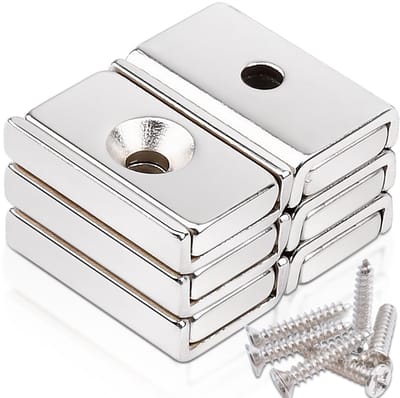 Dailygoods- Neodymium Magneten Extra Sterk - 6 Stuks - 20 x 13,5 x 5 mm Rechthoekige Magneet Met Gat - Schroefbare Magneetsluiting - Industriële Potmagneet - Verzonken Kop