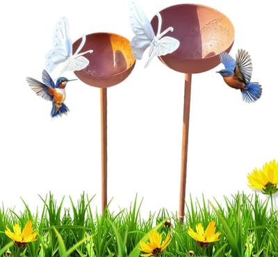 Regenwateropvanger Set - Vogelwaterbak Plantensteun - Biodiversiteit Bevorderen - Dubbel Kom Ontwerp - 2 Stuks - Rustiek Metaal