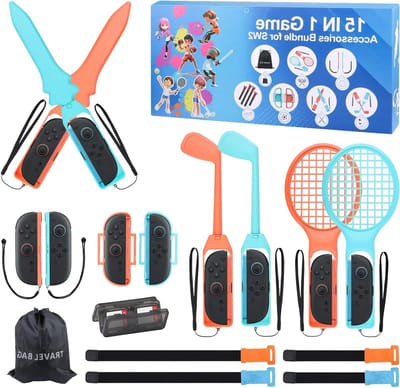 Complete 15-in-1 Sport Accessoires Set voor Nintendo Switch, inclusief polsbandjes, beenbanden, tennisrackets, golfclubs en zwaarden voor familieplezier