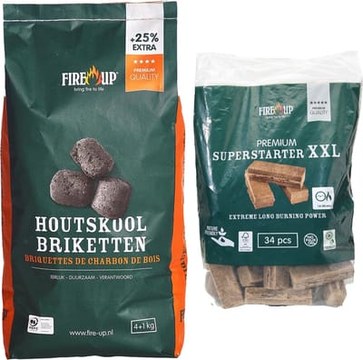 BBQ starterspakket - houtskool briketten 5 kilo - barbecue superstarter aanmaakblokjes 34x