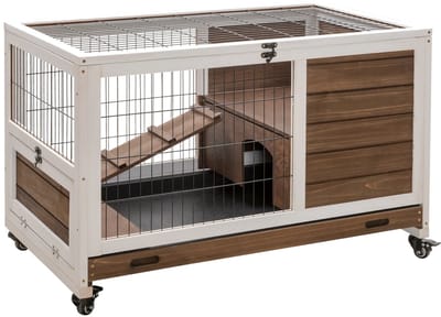 Stervia Konijnenhok - Met Wielen - Kleine Huisdieren - Hamster - Cavia - Muis - Rat - Te Openen Dak - Wit/Bruin - 90 X 53 X 59 cm