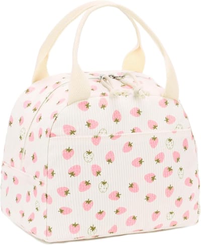 geïsoleerde lunchbox vrouwen herbruikbare lunchtas koord maaltijden draagtas handtassen lekdicht thermische koeler maaltijd case grote capaciteit (Witte-roze aardbeien)