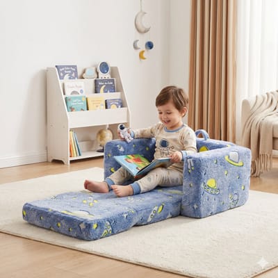 OKWISH Fauteuil 65 x 106 x 28,5 cm - Opklapbare Kinderstoel Met Glow-In-The-Dark Ruimteprint - Voor Lezen En Rusten - Stof - Blauw