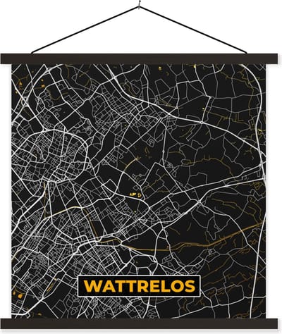 Posterhanger incl. Poster 60x60 cm - Schoolplaat - Plattegrond - Wattrelos - Stadskaart - Frankrijk - Kaart - Textielposter - Zwarte latten - Stadskaart