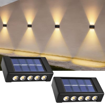 Solar Fence Lights voor Buiten, 2 Stuks Zonne-energie Tuinwandlampen, IP65 Waterdicht, 10 LED Lampjes, Warm Wit Tuinverlichting voor Muur, Terras en Patio
