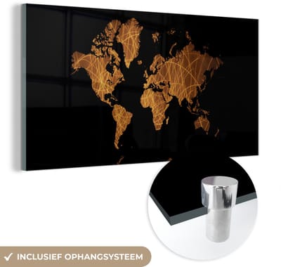 ® Glasschilderij 120x60 cm - Schilderij acrylglas - Wereldkaart - Goud - Patroon - Foto op glas - Muurdecoratie woonkamer - Wanddecoratie slaapkamer - Schilderijen
