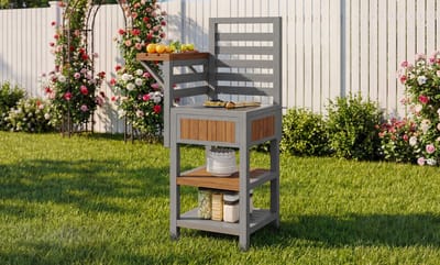 MIVRAY Tuinkast Ruime Opbergruimte 74 x 54 x 149 cm Massief Hout Natuurlijk Voor Tuin Balkon En Terras Met RVS Werkblad