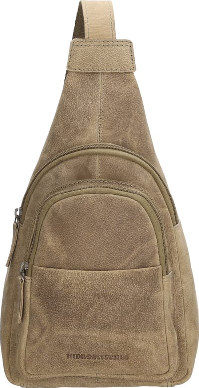 Hide & Stitches Idaho Schoudertas Unisex - Crossbodytas met verstelbare schouderband - Tas van 100% Leder met ritssluiting - Donkerzand
