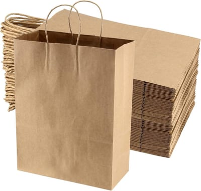 50 Stuks Grote Bruine Papieren Tassen 26 x 12 x 33 cm, 120gsm Kraftpapier met Handvatten, Herbruikbare Tassen voor Cadeaus en Feestjes