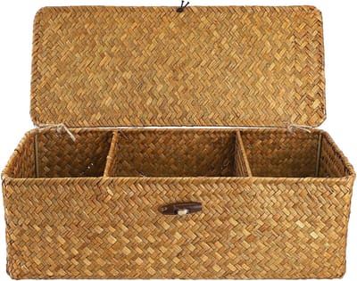 Rieten Opbergmand met Deksel – 3 Compartimenten, Compact & Stijlvol – Natuurlijke Mand voor Bureau, Make-up, Snacks en Huishoudelijke Organisatie