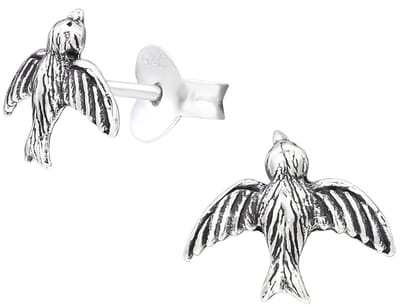 Joy|S - Zilveren vogel oorbellen - 9 x 7 mm - zwaluw oorknoppen - geoxideerd