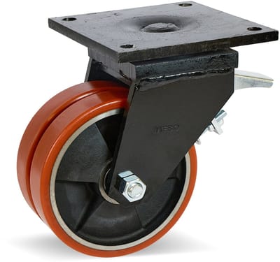 Dubbel PU extra zwaarlast zwenkwiel geremd met topplaat - 200mm - 2200kg