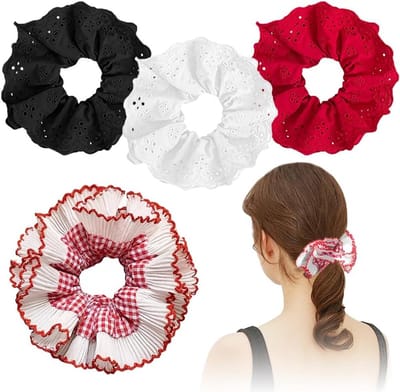 Set van 4 Grote Kanten Scrunchies, Dubbele Laag Borduurwerk, Zachte Elastische Haaraccessoires voor Vrouwen, Perfect voor Ponytails en Hairstyling