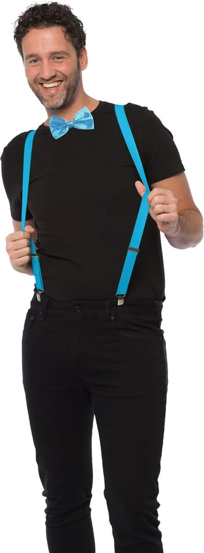 Carnaval verkleedset bretels en strik - licht blauw - volwassenen/unisex - feestkleding accessoires