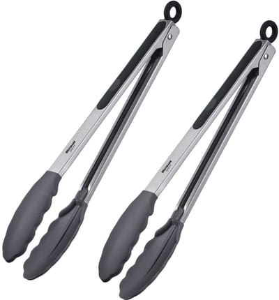 Westmark 2 serveertang, met siliconen lepels en rubberen handgrepen, lengte: 34 cm, roestvrij staal/plastic/siliconen, klassieke siliconen maxi, zilver/zwart, 161822E3