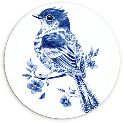 WallCircle® Wandcirkel 120x120 cm - Muurcirkel Vogel - Delfts blauw - Illustratie - Bloemen - Muurdecoratie woonkamer - Wanddecoratie slaapkamer - Kamer decoratie accessoires - Ronde schilderijen XXL