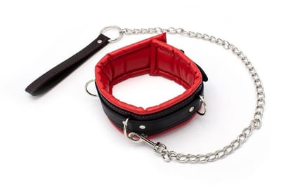Kiotos Leather - Zwarte Leren collar Met rode voering En leash