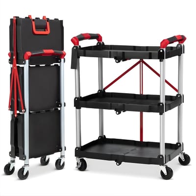 Opvouwbare Servicewagen 3-Laags - Rollende Gereedschapskar met Wielen - Voor Garage & Magazijn - Zwart - 58 × 38 cm