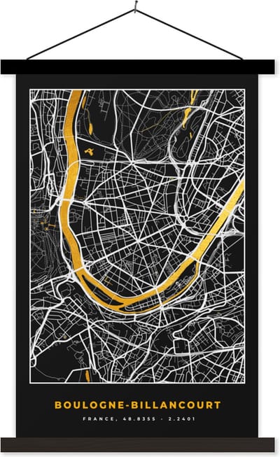 Posterhanger incl. Poster 40x60 cm - Schoolplaat - Kaart - Plattegrond - Boulogne-Billancourt - Stadskaart - Frankrijk - Textielposter - Zwarte latten - Stadskaart