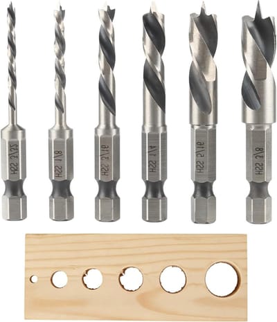 Boormeterset van 6 Onderdelen: Hexagonale Schacht 1/4 Inch (6.35 mm) met Bit Houder, Korte Houtboorpuntjes 2.3-9.5 mm voor Hardhout en Zachthout, Precisie Boorpunt voor Nauwkeurigheid