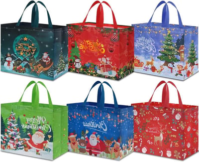 Kerstcadeautassen met Handvatten, Multifunctionele Niet-Geweven Tassen voor Cadeaus, Feestelijke Verpakkingen en Winkelen (6 Stuks)