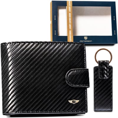 Peterson® Luxe Carbon Cadeauset voor Heren – Leren Portemonnee met Druksluiting & Sleutelhanger – RFID-Bescherming – Natuurlijk Leder – Zwart