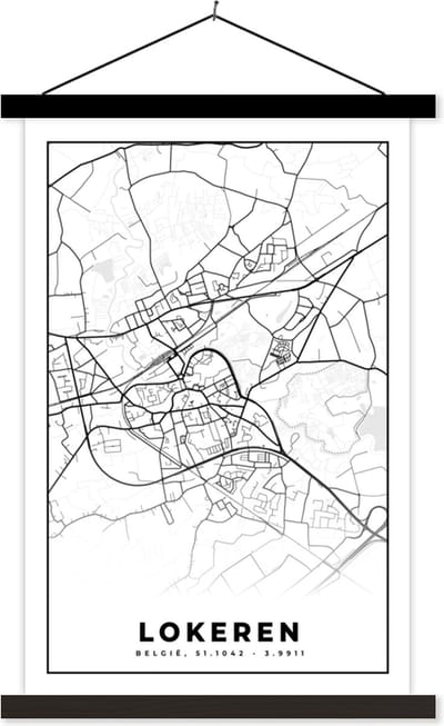 Posterhanger incl. Poster 40x60 cm - Schoolplaat - België – Lokeren – Stadskaart – Kaart – Zwart Wit – Plattegrond - Textielposter - Zwarte latten - Stadskaart