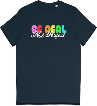 T Shirt Heren en Dames - Tekst: Ben Jezelf, Je Hoeft Niet Perfect Te Zijn - Blauw - XS