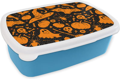 Broodtrommel Blauw - Lunchbox - Brooddoos - Halloween - Oranje - Patronen - 18x12x6 cm - Kinderen - Jongen