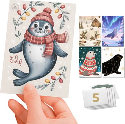 Inspra Studio – Luxe Kerstkaarten met Enveloppen – 5 Stuks – Dieren Wenskaarten Collectie – Mix van 5 Unieke Illustratiestijlen – Zeehond