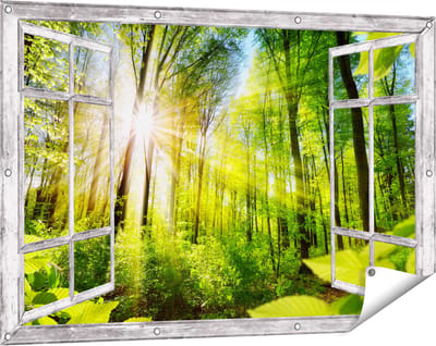 Gards Tuinposter Doorkijk Weg Omringd met Bomen in het Bos - 120x80 cm - Tuindoek - Tuindecoratie - Wanddecoratie buiten - Tuinschilderij