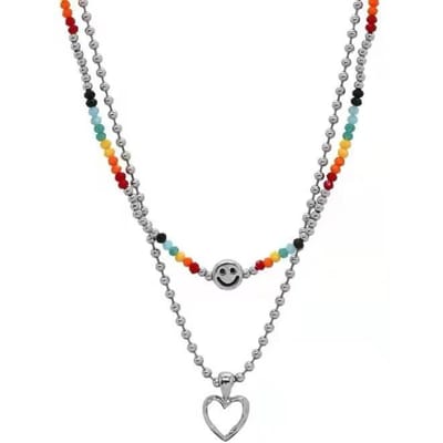 Dubbele Gestapelde Ketting Dames Kleurrijke Kralen Smiley Gezicht Liefde Hanger, Niche Trui Ketting Spice Girl Ketting Accessoires gray