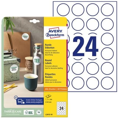 Etiket Avery 40mm rond wit 10 vel 24 etiketten per vel