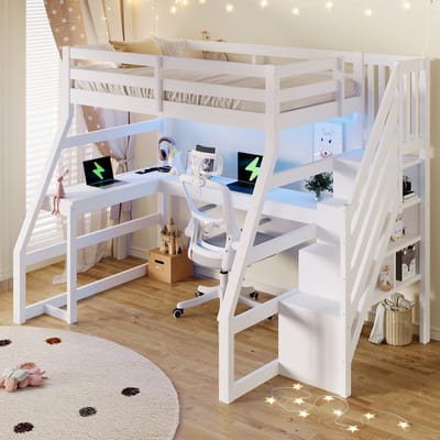 MODFU - Hoogslaper - Met Bureau En Opbergtrap - Led-Verlichting - Hout En MDF - Wit - 90x200 Cm