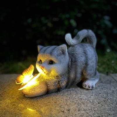 Kattenbeeld solar tuin - Vlinder zonnelamp - Tuindecoratie - 1 stuk - Buiten balkon tuin terras grijs